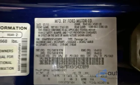 2015 Ford Mustang z USA, uszkodzony, nr VIN 1FA6P8TH5F5433899